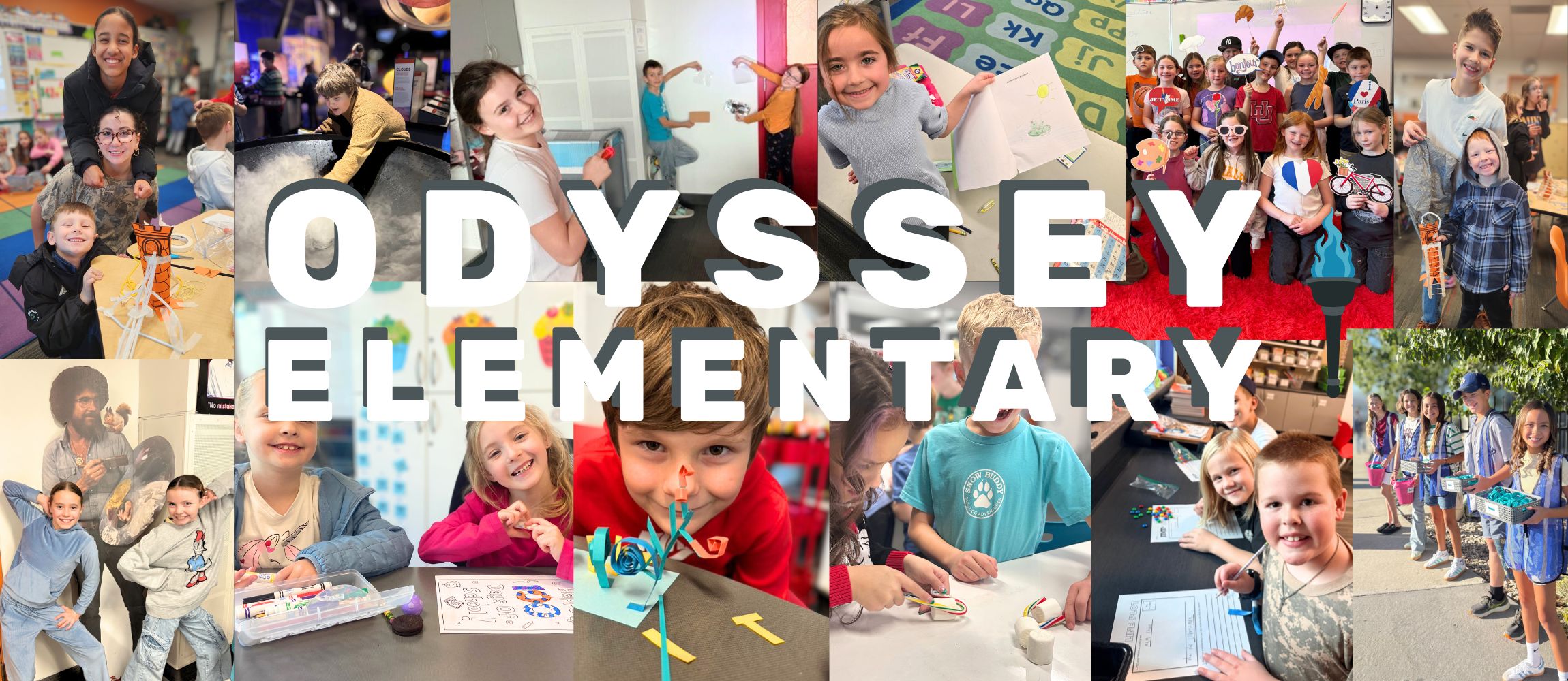 A collage of photos showing students at Odyssey Elementary participating in different school activities, including art projects, science experiments, classroom learning, and group events. The words “Odyssey Elementary” appear in large white text across the center with the school’s torch symbol.