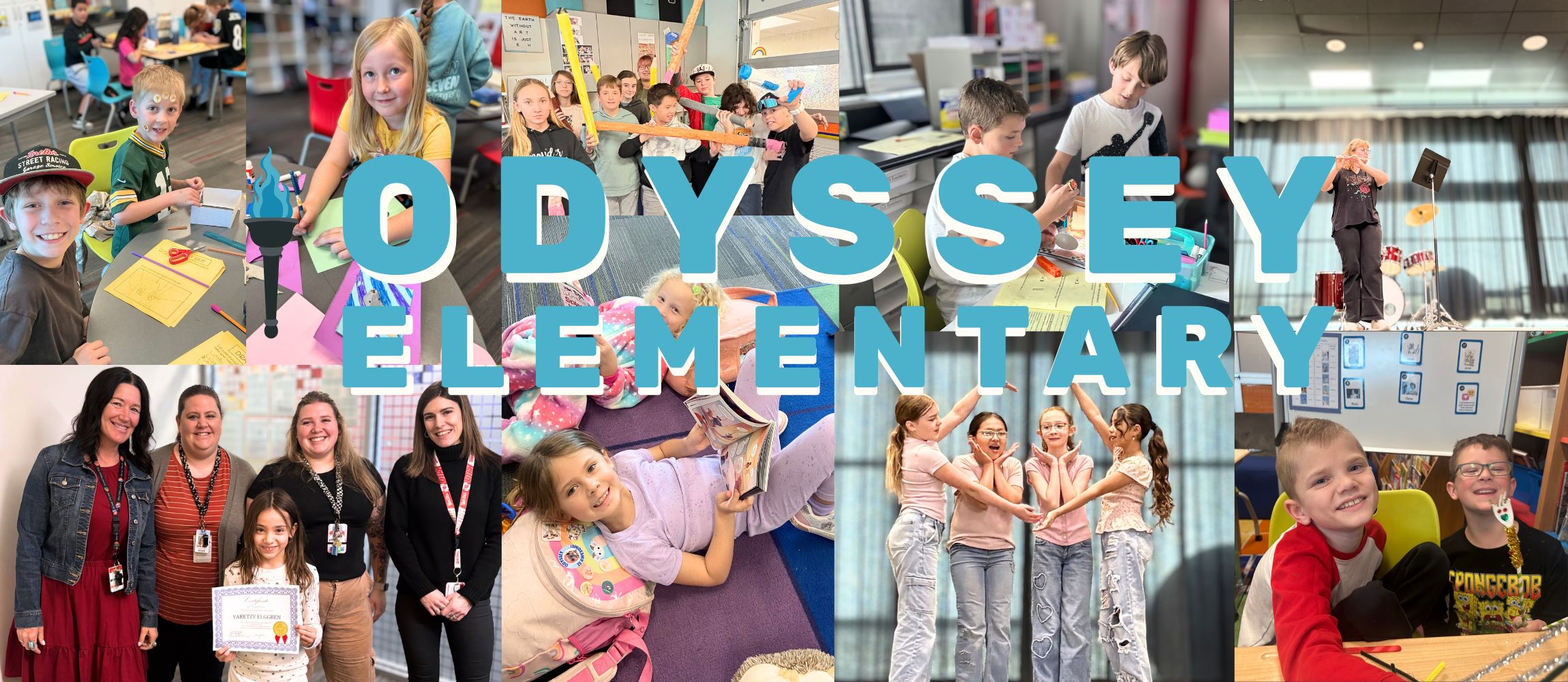 A collage of photos from Odyssey Elementary showing students and staff engaged in school activities. Images include children working on art projects at tables, a group of students collaborating on a hands-on activity, and students reading and relaxing with books. Other photos show kids performing on stage, posing with classmates, and smiling in the classroom. One image features a group of teachers standing with a student holding an award certificate. Large blue text across the center reads “ODYSSEY ELEMENTARY,” with a torch icon incorporated into the design.