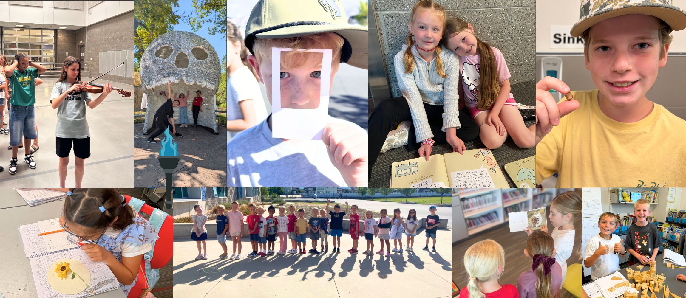 A collage of Odyssey Elementary students participating in school activities, including playing the violin, exploring outdoors, reading together, creating artwork, and working on hands-on classroom projects.