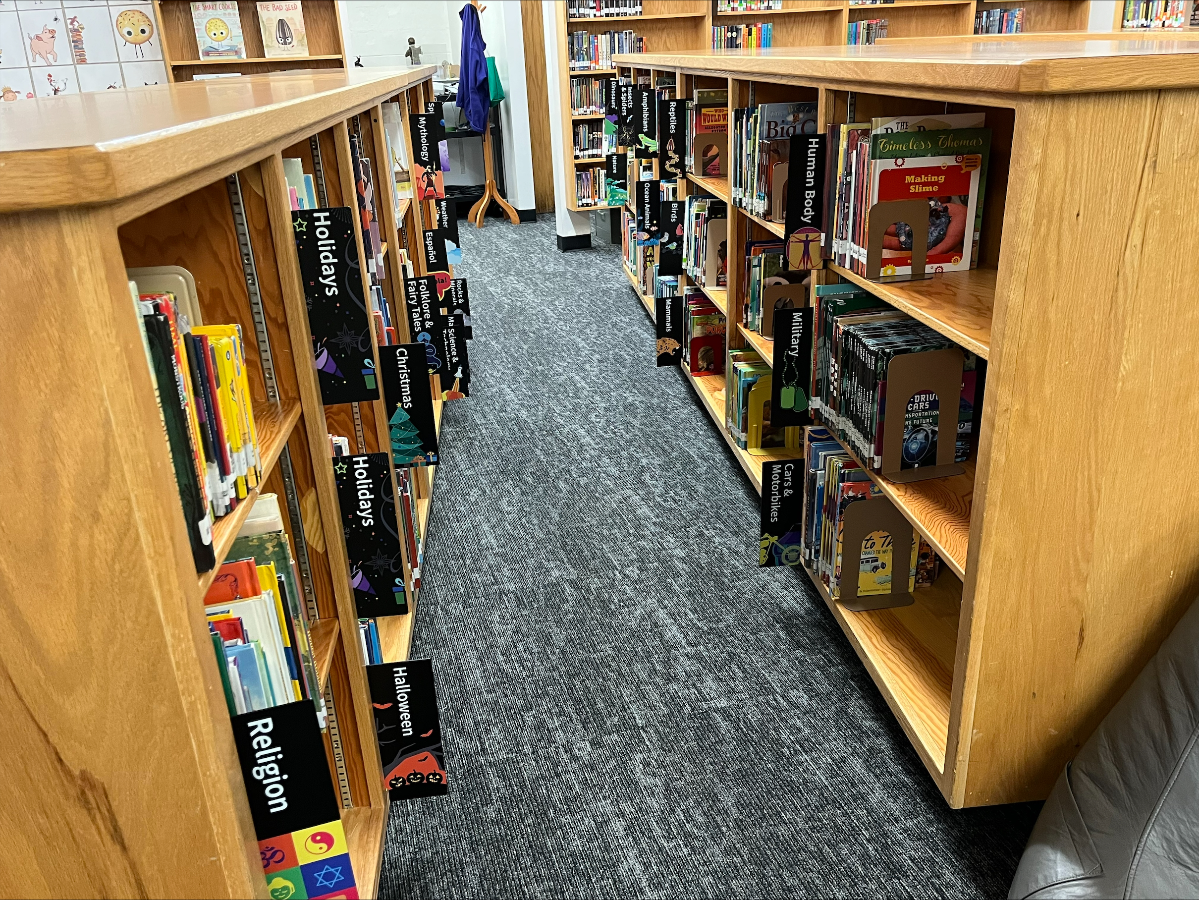 Tables, chair, bookshelves inside the library