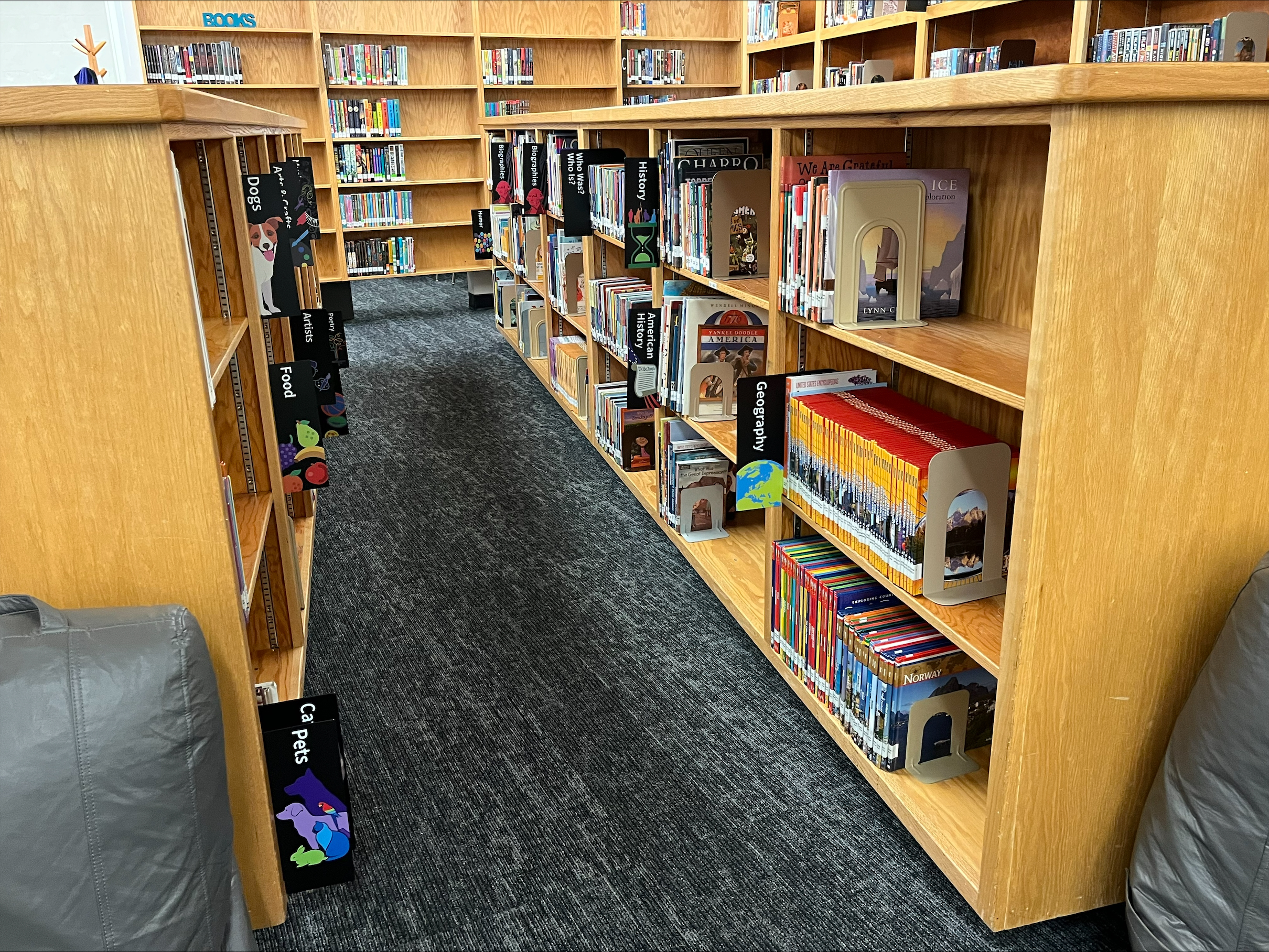 Tables, chair, bookshelves inside the library