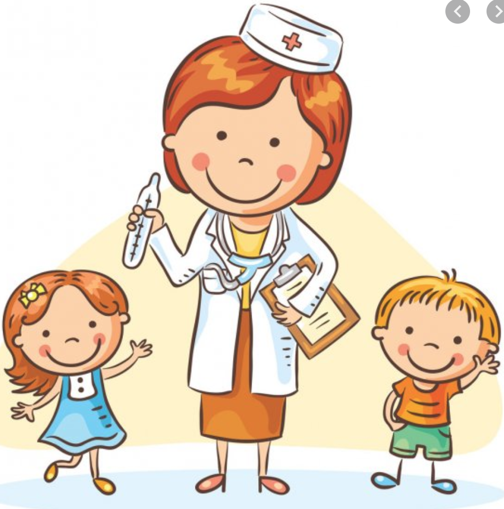 A cute drawing of a nurse and two children