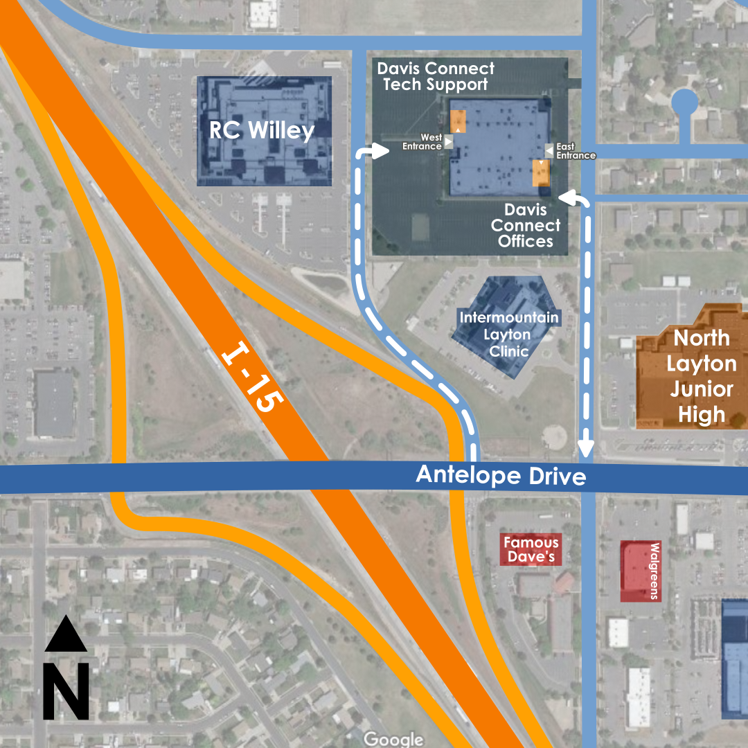 Off of I-15 and Antelope Drive, North of Intermountain Health Layton Clinic and North Layton Jr High, East of R.C. Willey. Davis Connect Offices are through the East Entrance, Tech Support is through the West Entrance.