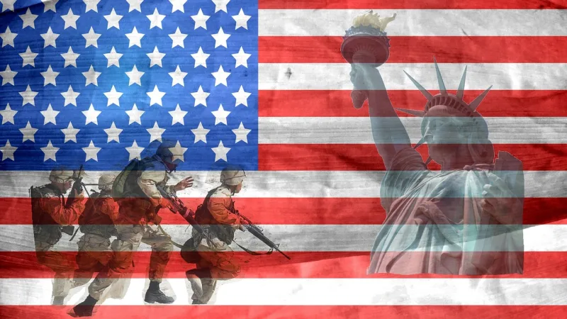 Veterans image with soldiers and the statue of liberty with the american flag on the background