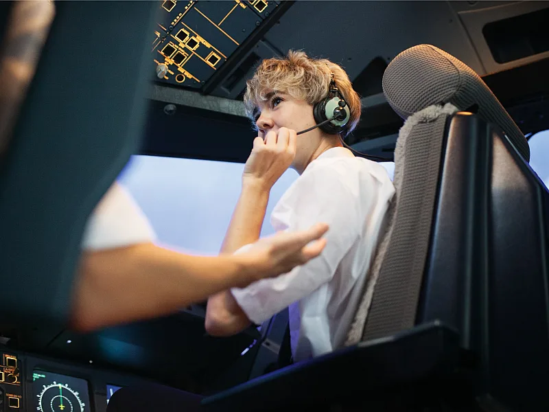 student and teacher in an airplane 