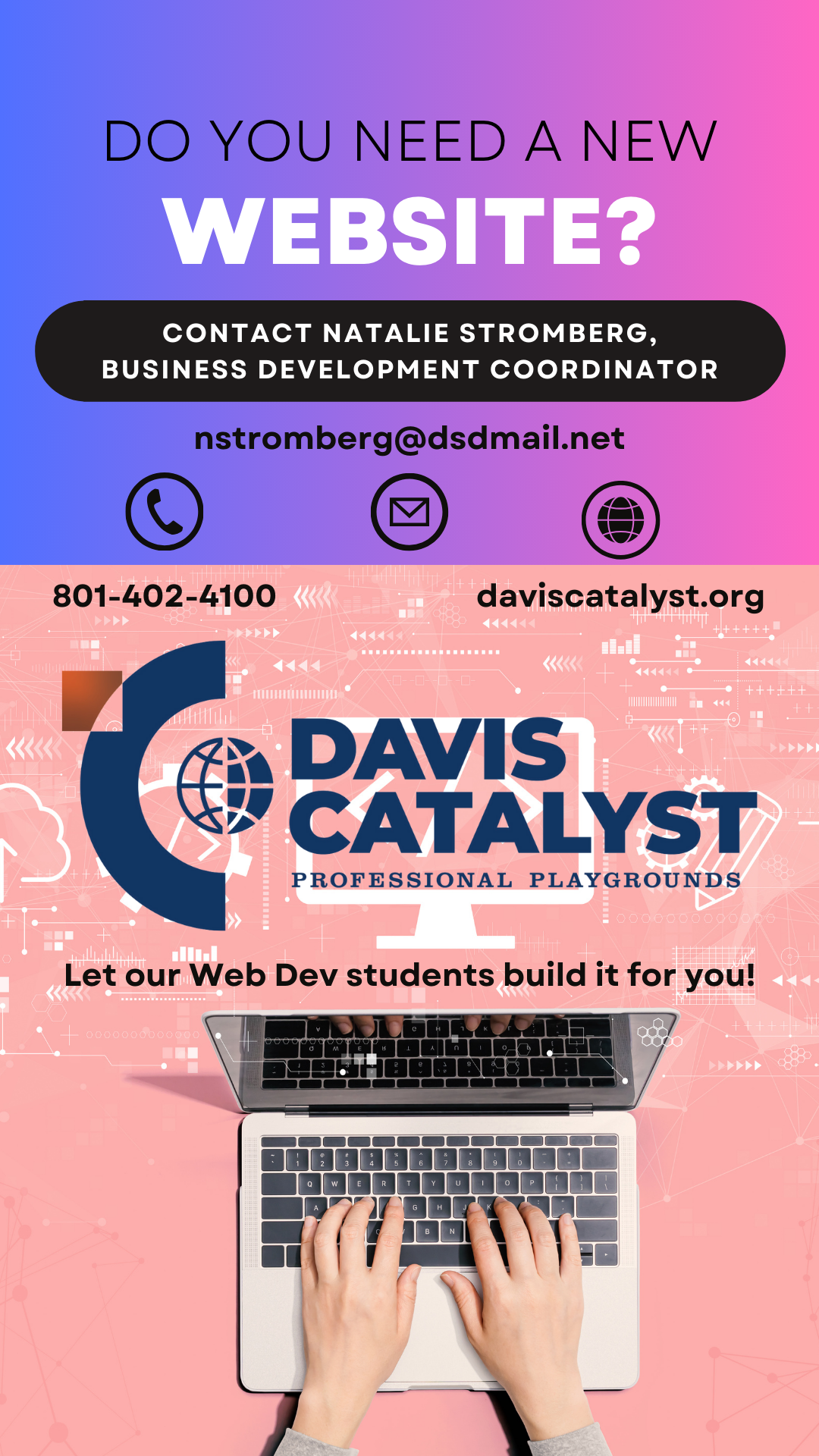 web development ad for businesses needing new websites contact Natalie Stromberg at 801-402-4100