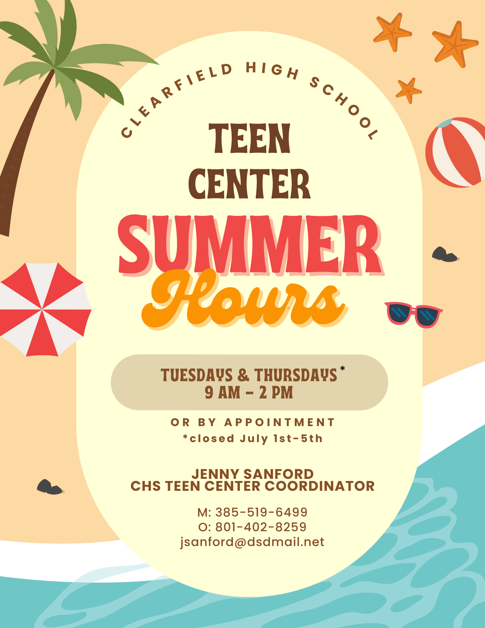 Teen Center Summer Hours; Tuesdays & Thursdays 9am-2pm or by appointment jsanfrod@dsdmail.net.  Closed July 1-5