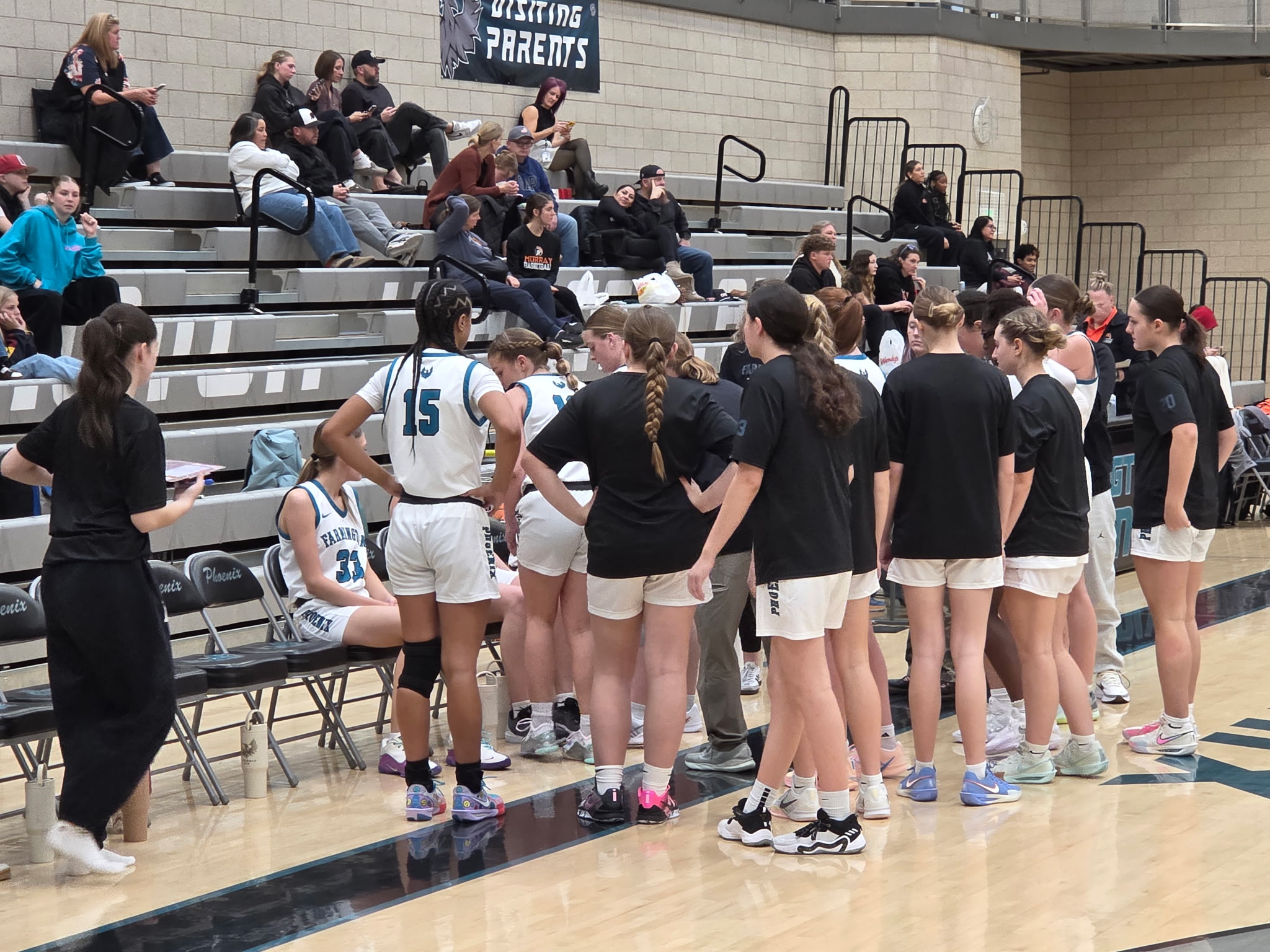 Girls Basketball team in a huddle
