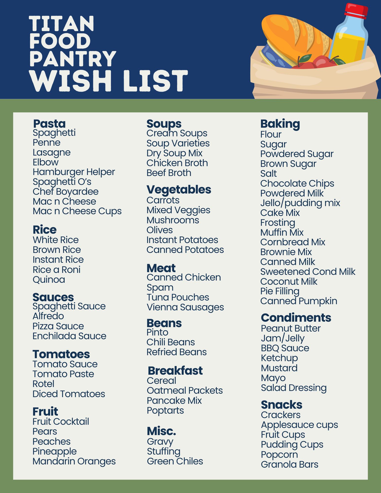 Titan Food Pantry WISH LIST Pasta  Spaghetti Penne Lasagna Elbow Hamburger Helper Spaghetti O’s Chef Boyardee Mac n Cheese Mac n Cheese Cups Rice White Rice Brown Rice Instant Rice Rice a Roni Quinoa Sauces Spaghetti Sauce Alfredo Pizza Sauce Enchilada Sauce Tomatoes Tomato Sauce Tomato Paste Rotel Diced Tomatoes Fruit Fruit Cocktail Pears Peaches Pineapple Mandarin Oranges Soups Cream Soups Soup Varieties Dry Soup Mix Chicken Broth Beef Broth Vegetables Carrots Mixed Veggies Mushrooms Olives Instant Potatoes Canned Potatoes Meat Canned Chicken Spam Tuna Pouches Vienna Sausages Beans Pinto Chili Beans Refried Beans Breakfast Cereal Oatmeal Packets Pancake Mix Poptarts Misc. Gravy Stuffing Green Chiles Salsa Baking Flour Sugar Powdered Sugar Brown Sugar Salt Chocolate Chips Powdered Milk Jello/pudding mix Cake Mix Frosting Muffin Mix Cornbread Mix Brownie Mix Canned Milk Sweetened Cond Milk Coconut Milk Pie Filling Canned Pumpkin Condiments Peanut Butter Jam/Jelly BBQ Sauce Ketchup Mustard Mayo Salad Dressing Snacks Crackers Applesauce cups Fruit Cups Pudding Cups Popcorn Granola Bars