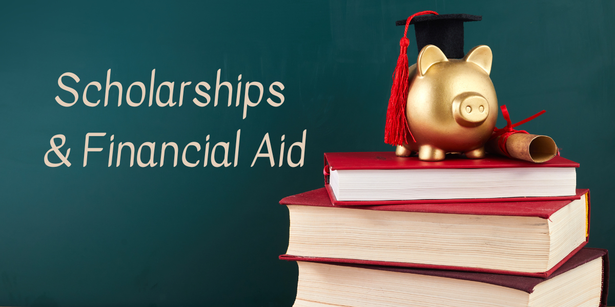 Scholarships & Financial Aid with books, piggy bank, and graduation cap