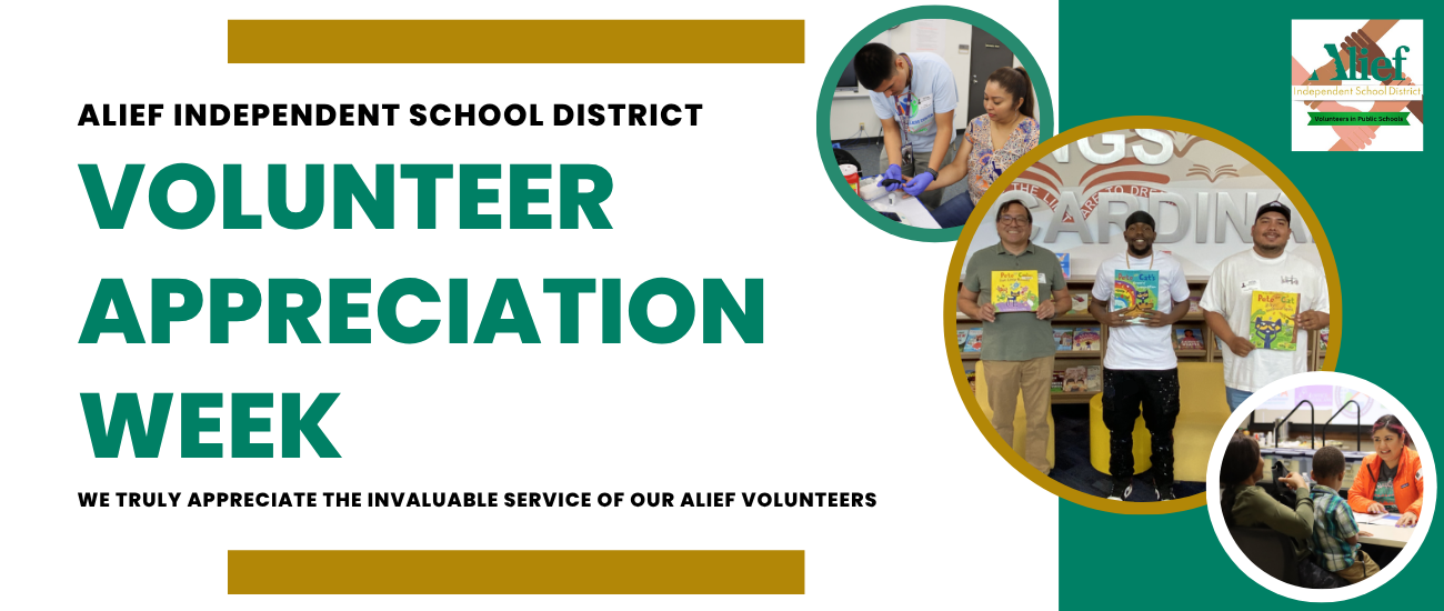 A poster with green and white colors features "Volunteer Appreciation Week" in bold text. There are images of volunteers and staff.
