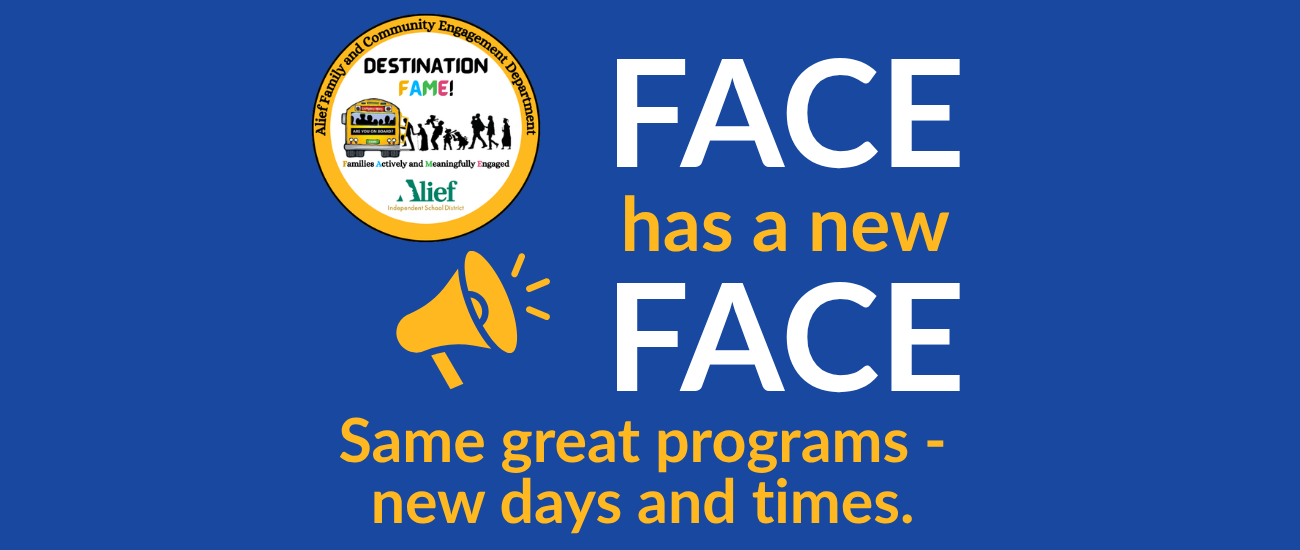 A blue background with white text. A logo shows people on a bus, with a megaphone icon. Text reads "FACE has a new FACE".