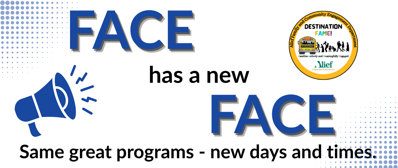 Blue and white poster with "FACE has a new FACE" in blue. A blue megaphone icon is on the left.
