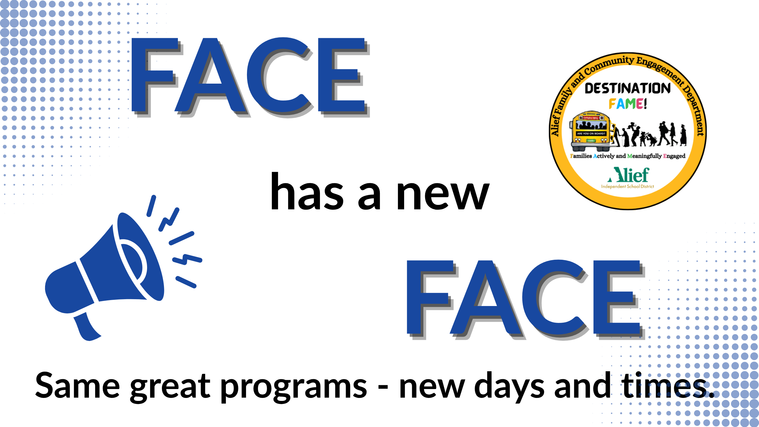White and blue background with blue text and logo. Blue megaphone with "FACE" written inside.