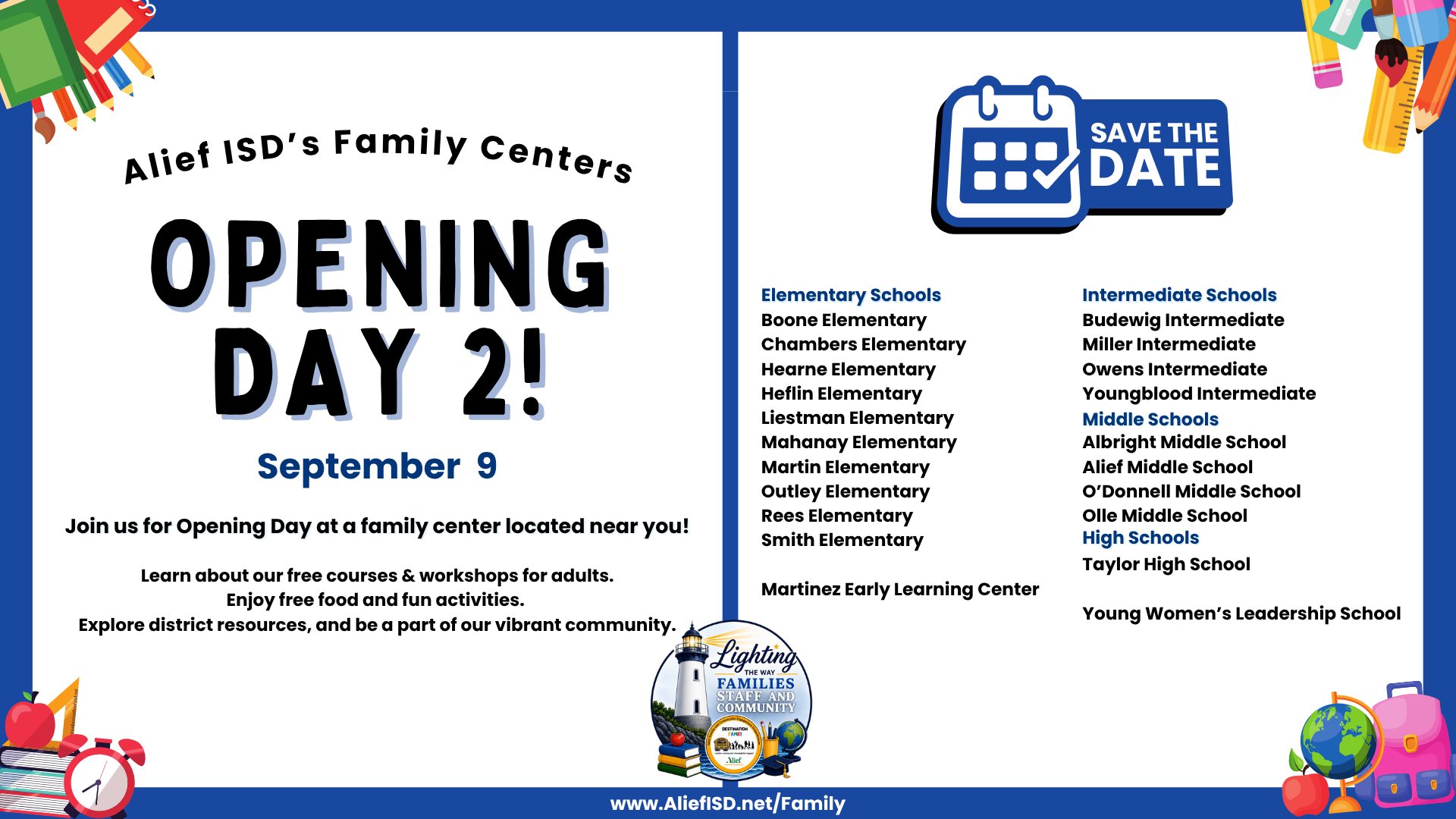 Poster with blue and white design. "SAVE THE DATE" logo. "OPENING DAY 2!" and "September 9" text. Schools listed on sides.