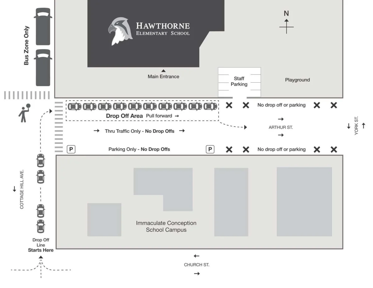 Hawthorne Drop-off Procedures and map