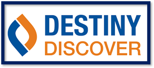 Destiny Discover logo on blue and orange background.