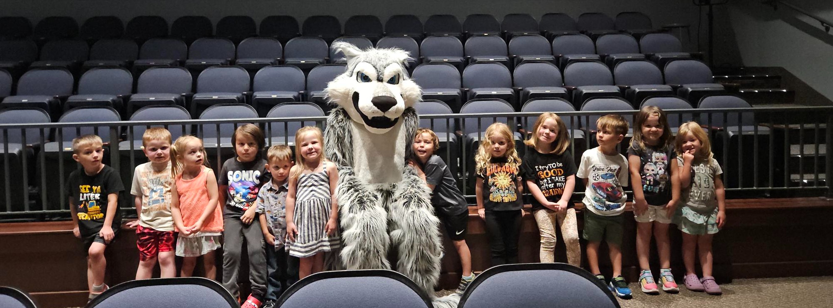 Pre-K students with Timmy the Timberwolf