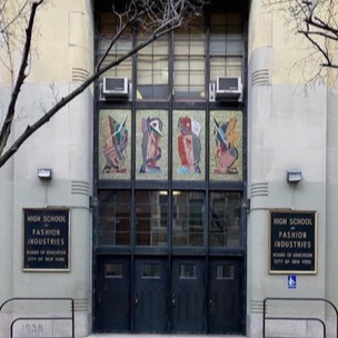 wide shot of the front door of the high school of fashion industries