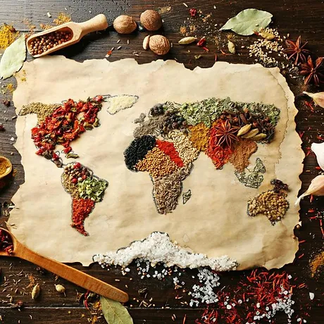 spices arranged to look like a world map