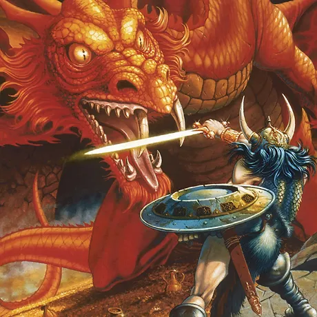 cartoon warrior fighting a dragon with a sword