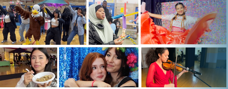 header gallery of multiple photos of students during orientation days; students posing with hands up with an eagle mascot, a student wearing a hijab blowing on a pinwheel, a student twirling in a flowy skirt, a student holding up a bowl of food, two students hugging in front of a glittery backdrop, and a student playing violin 