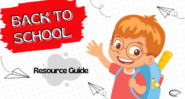 Illustration of a smiling child with backpack waving, with 'Back to School Resource Guide' text.