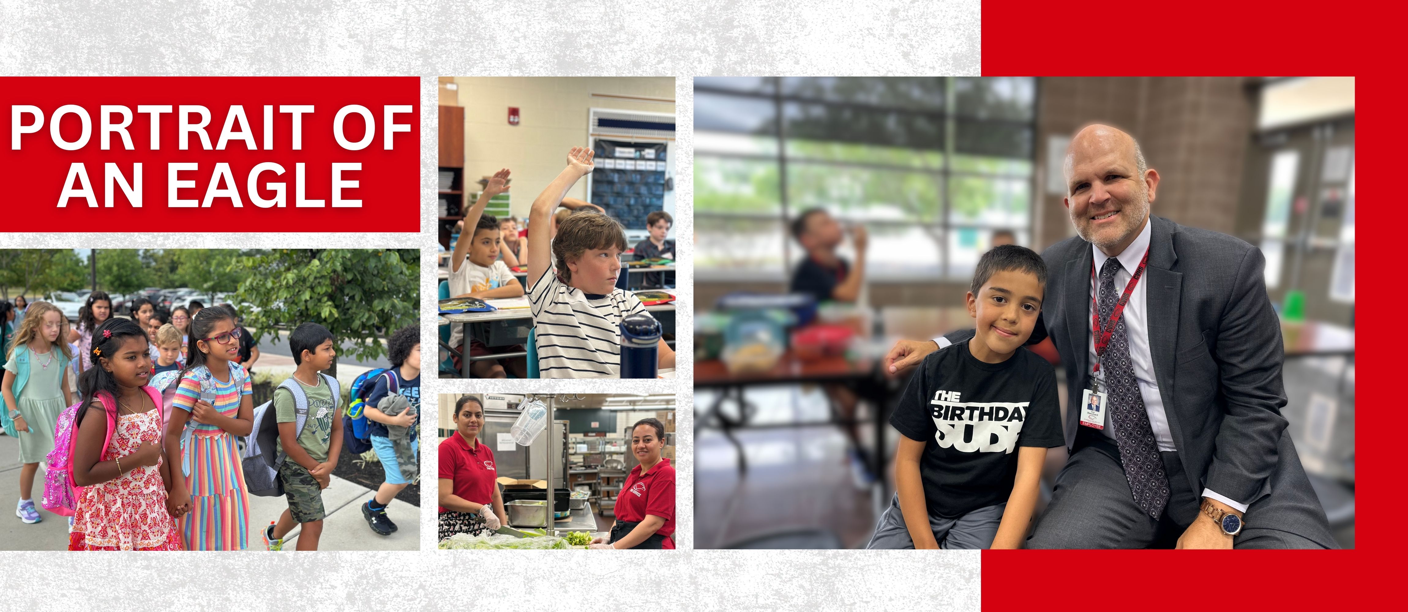 Collage titled 'Portrait of an Eagle' featuring Cumberland Valley School District students and staff in various school scenes: walking outdoors, learning in class, working in a kitchen, and celebrating a birthday.