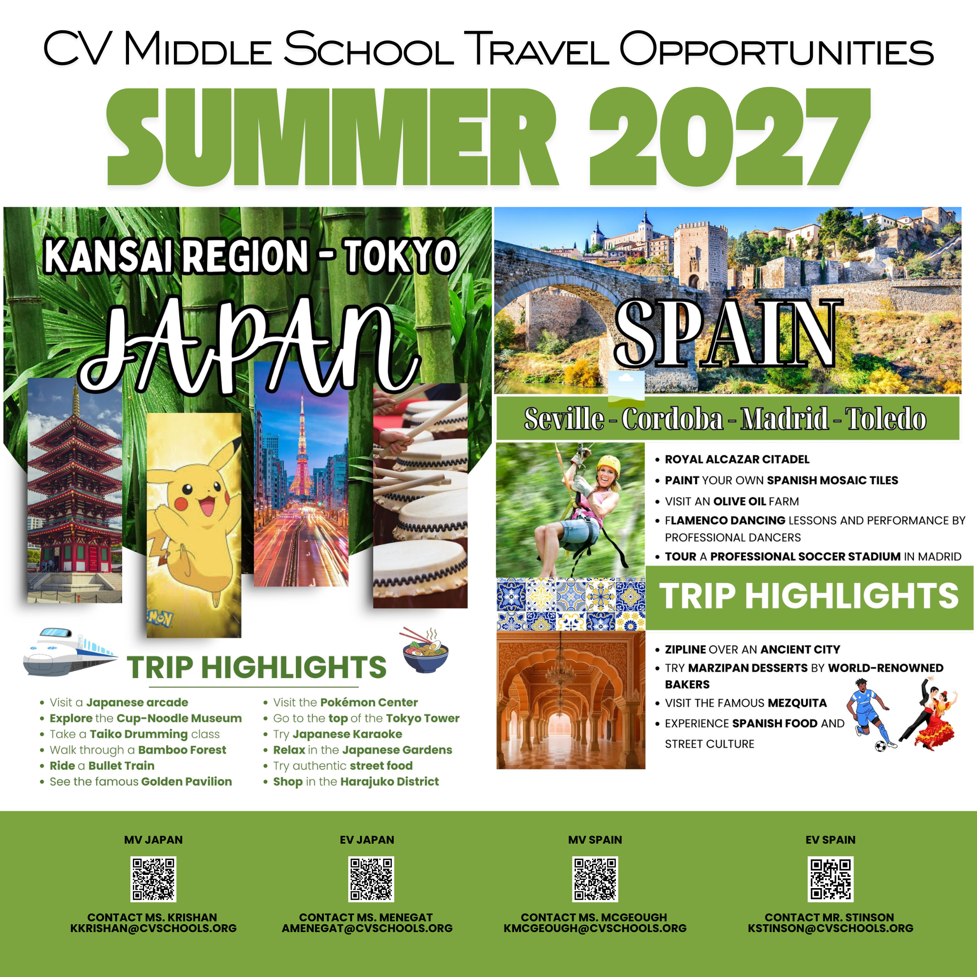 Flyer showcasing CV Middle School Travel Opportunities for Summer 2027.