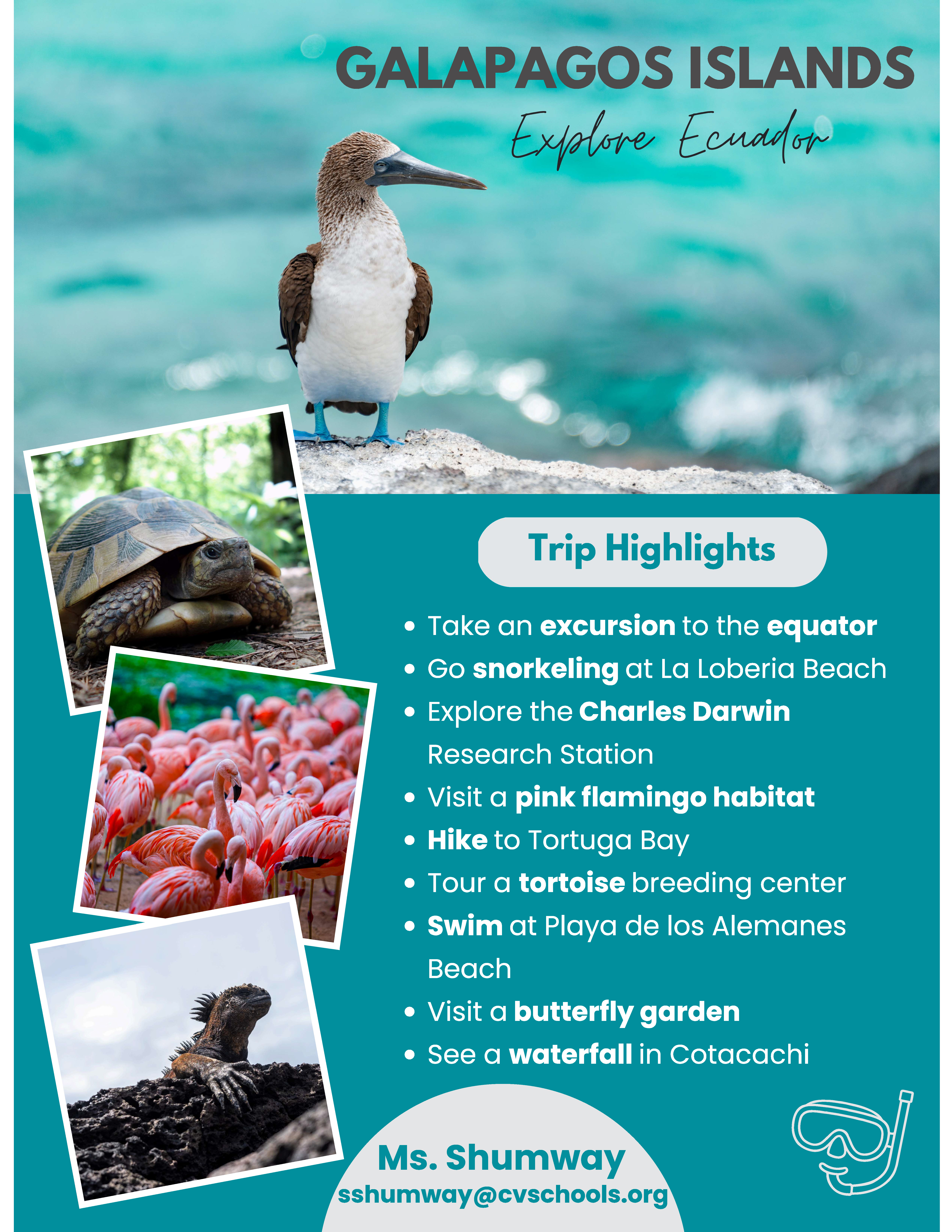 Promotional graphic for a Galapagos Islands trip featuring photos of wildlife including a blue-footed booby, a giant tortoise, flamingos, and a marine iguana, alongside a list of trip highlights and contact information for Ms. Shumway.