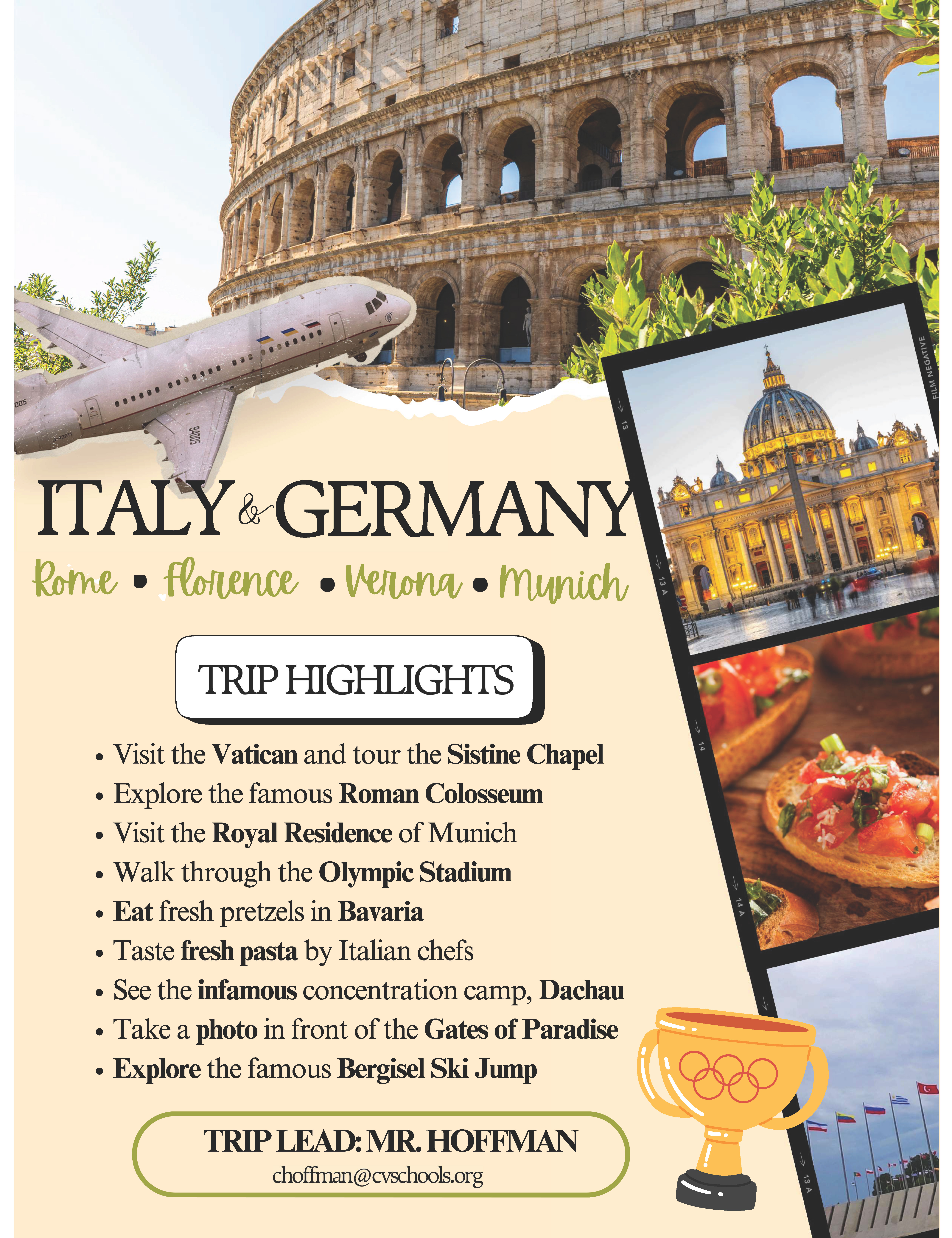 Promotional graphic for an Italy and Germany trip featuring images of the Roman Colosseum, St. Peter’s Basilica, and Italian food, along with a list of trip highlights and contact information for the trip lead.