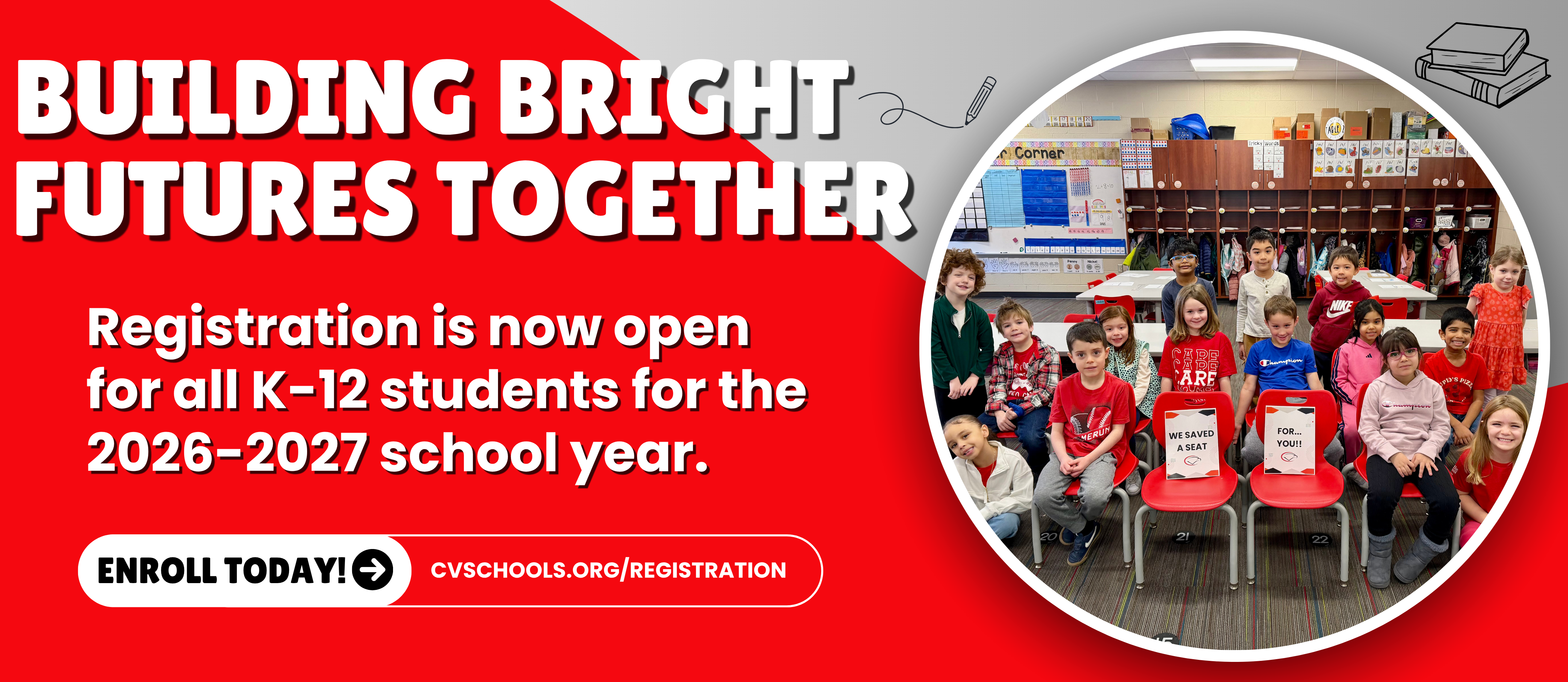 Decorative image with text Building Bright Futures Together. Promoting Cumberland Valley's K-12 registration for the 2026-2027 school year.
