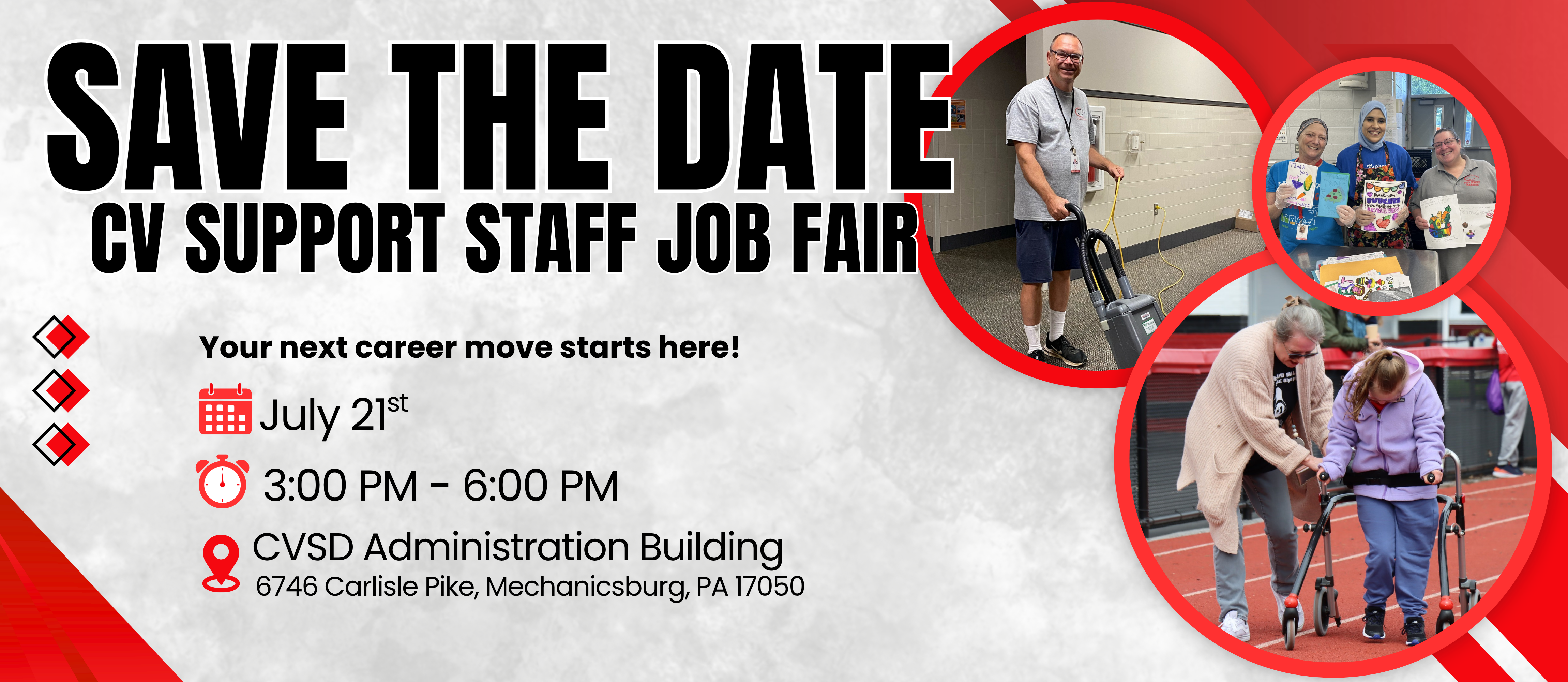 Flyer for CV support staff job fair with date July 21, 3–6 PM at CVSD Administration Building, featuring photos of staff working and assisting students.