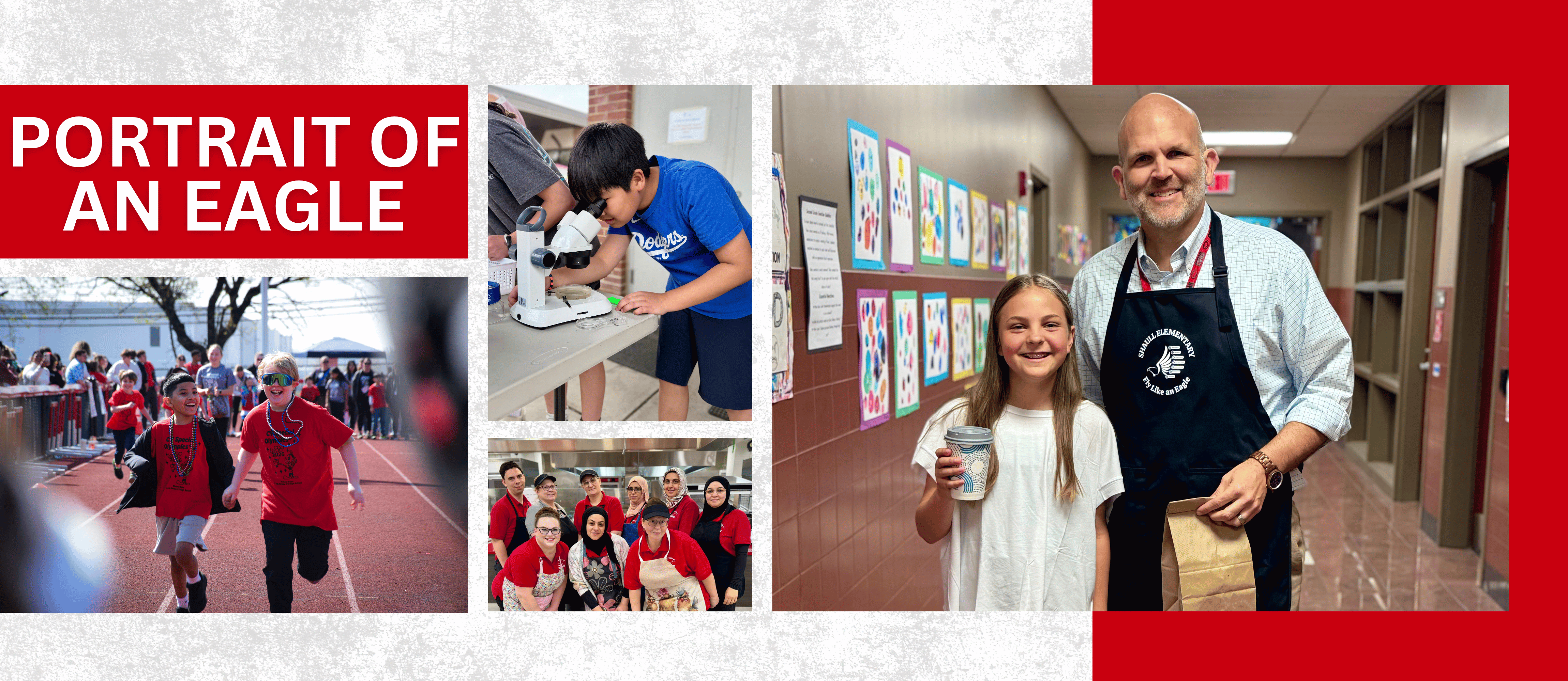 Collage titled 'Portrait of an Eagle' featuring Cumberland Valley School District students and staff in various school scenes: walking outdoors, learning in class, working in a kitchen, and celebrating a birthday.