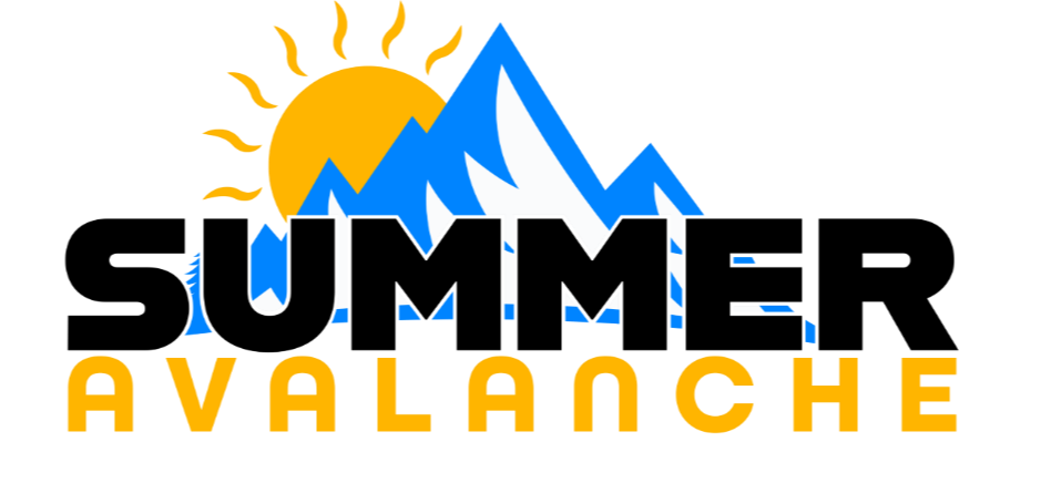 blue mountain with snow with sun peeking from behind. Text for Summer Avalanche summer programs.