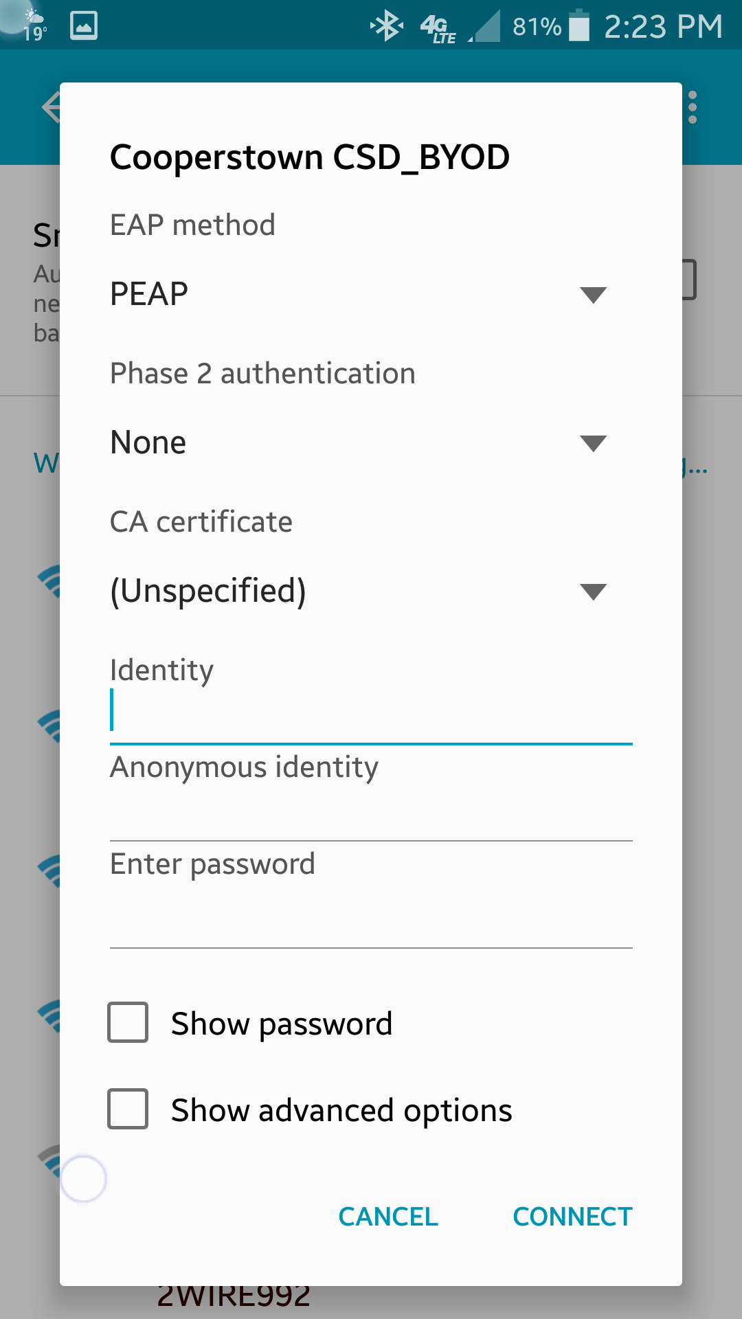USERNAME AND PASSWORD ENTRY SCREENSHOT