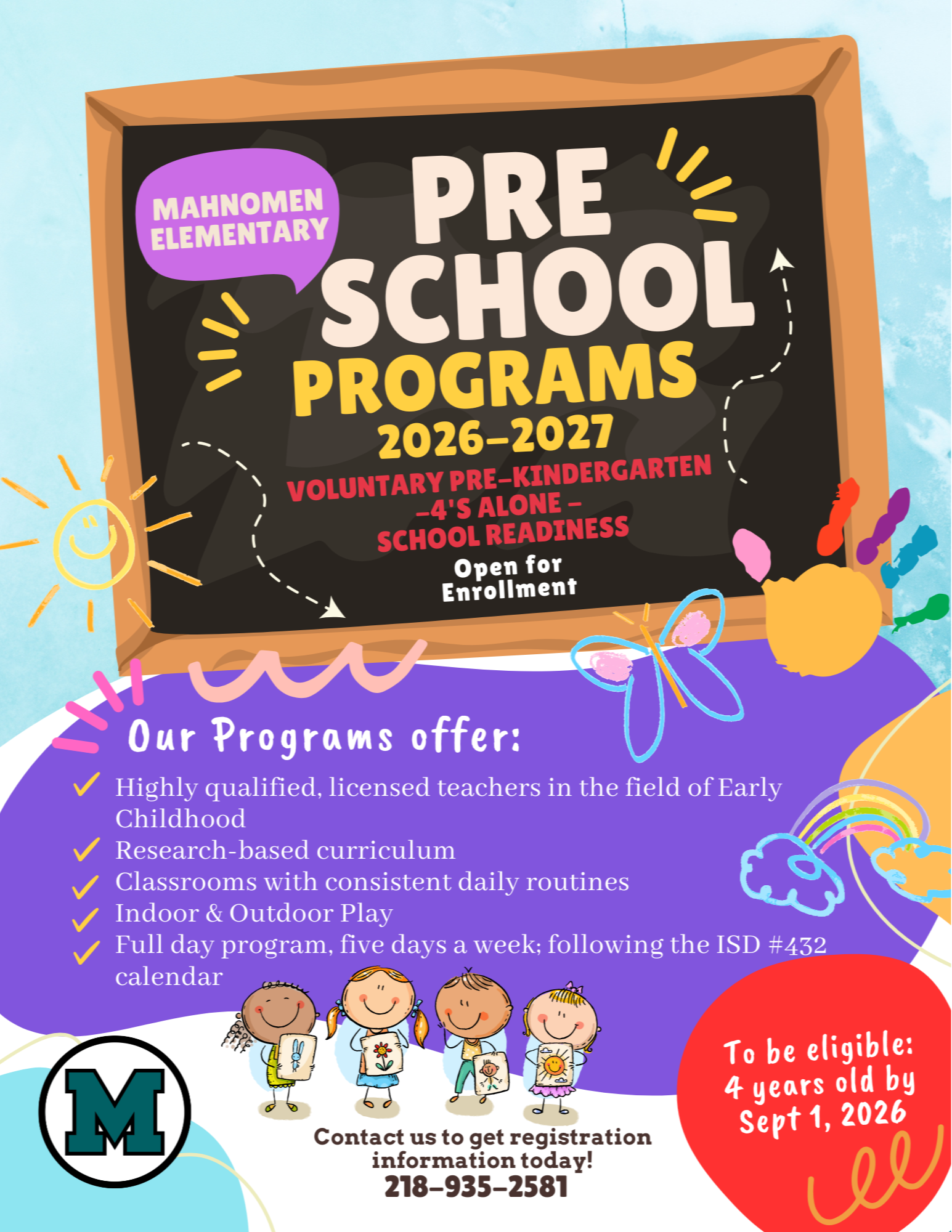 Flyer for Mahnomen Elementary 2026–2027 preschool programs