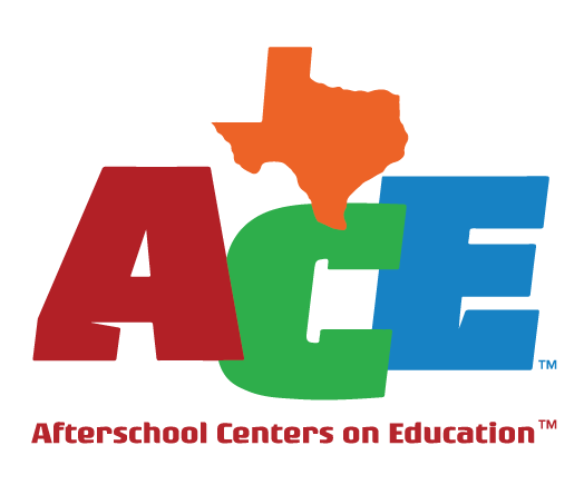Logo for Afterschool Centers on Education (ACE). The letters "ACE" are bold with "A" in red, "C" in green, and "E" in blue. An orange Texas shape sits atop.
