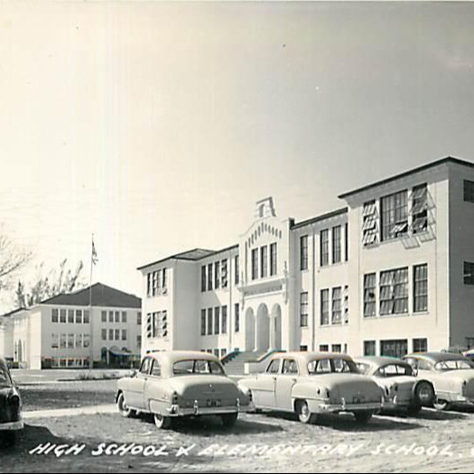 Black-and-white photo of several cars parked in a row in front of a multi-story building.