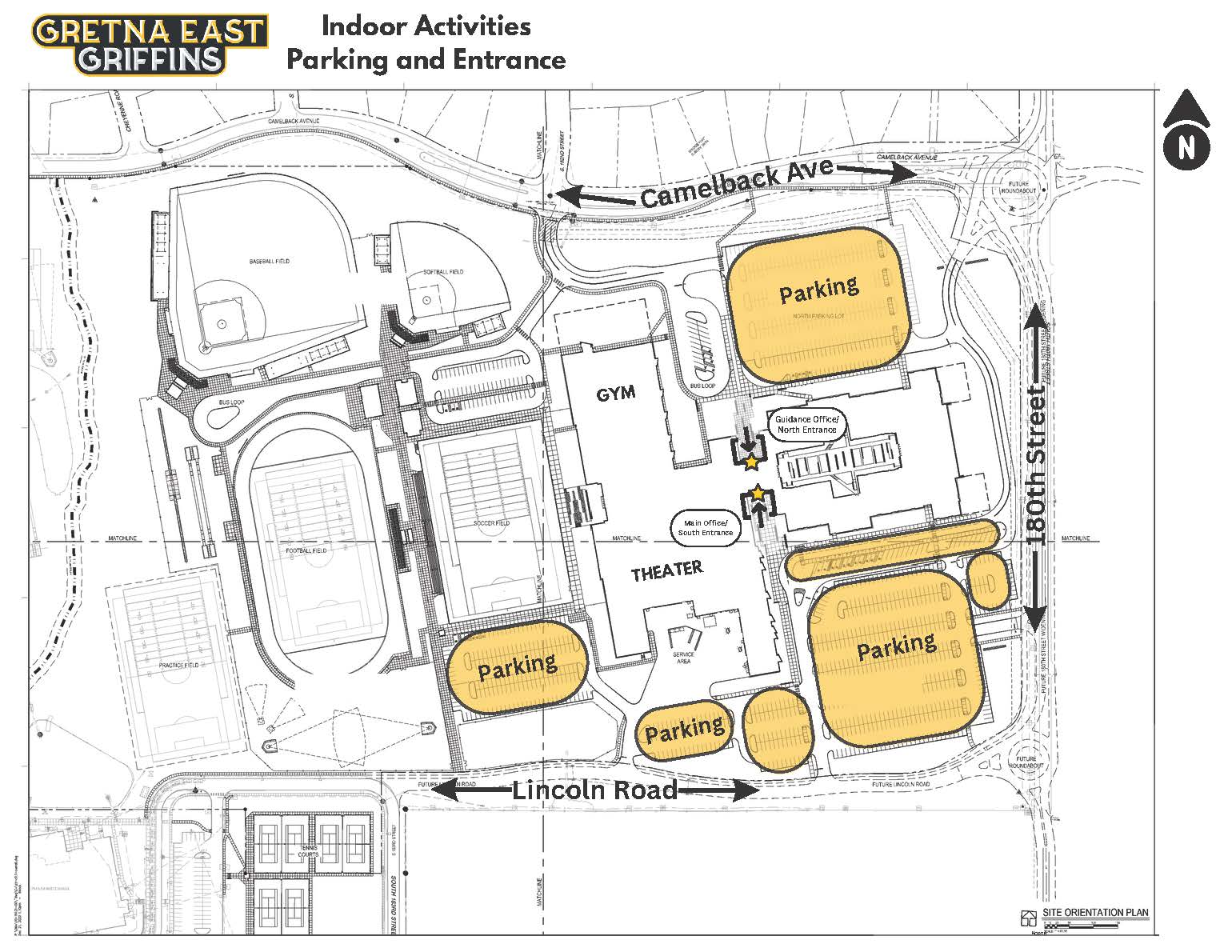 To view and print  the parking map for indoor activities and entrance, go to: https://5il.co/3300j