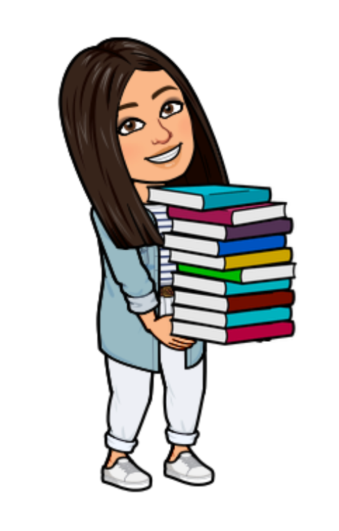 image of a  memoji of librarian holding a stack of books 