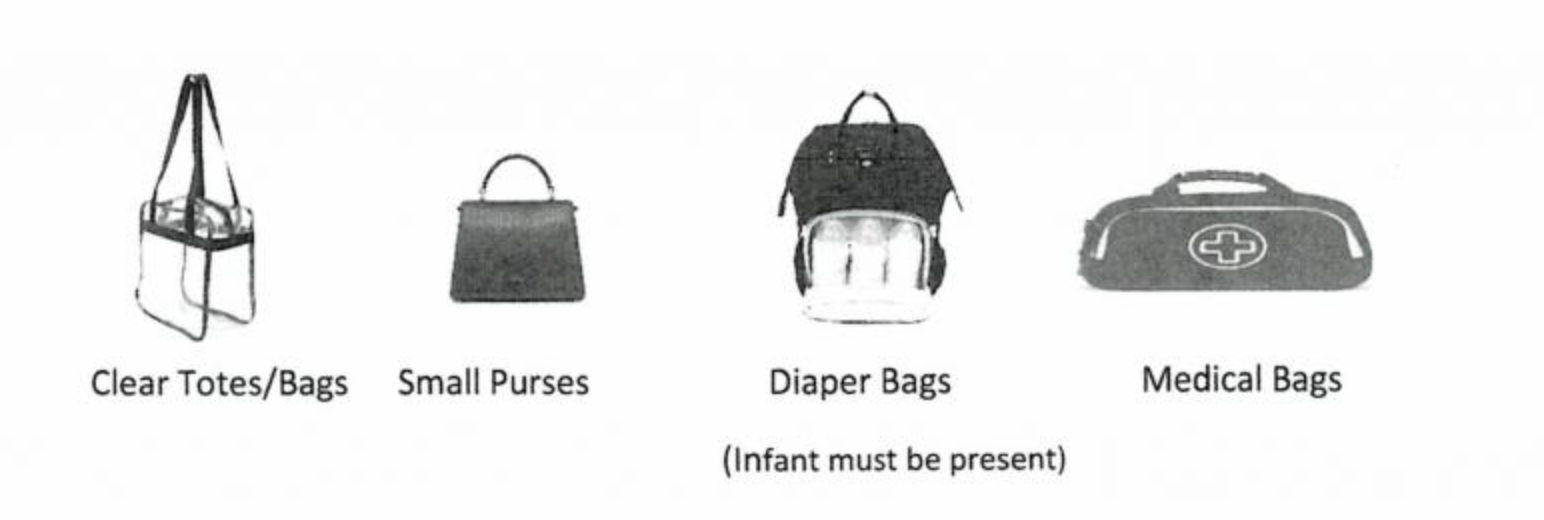 Clear Totse/Bags, Small Purses, Diaper Bags (Infant must be present), & Medical Bags