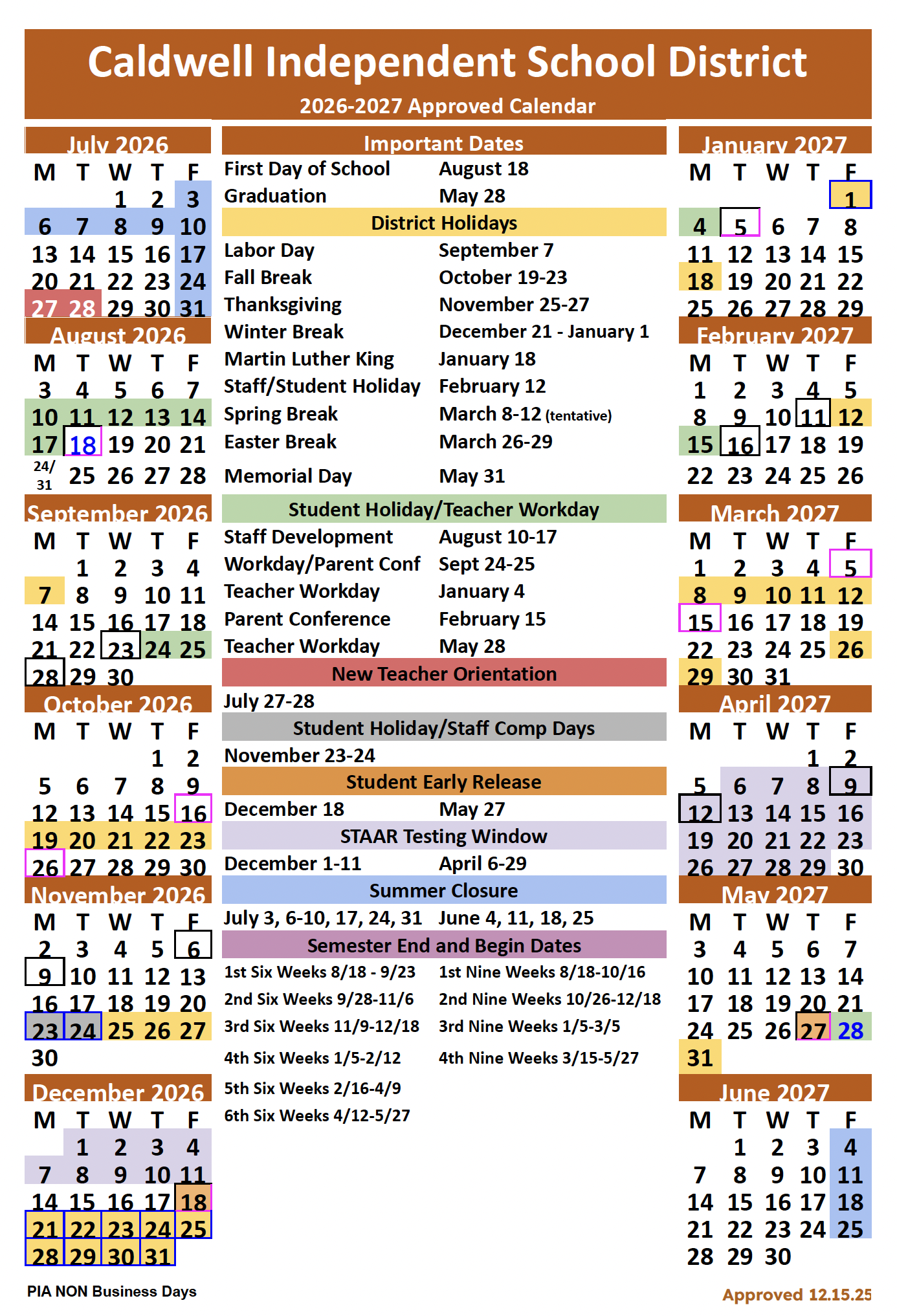 Caldwell ISD District Calendar