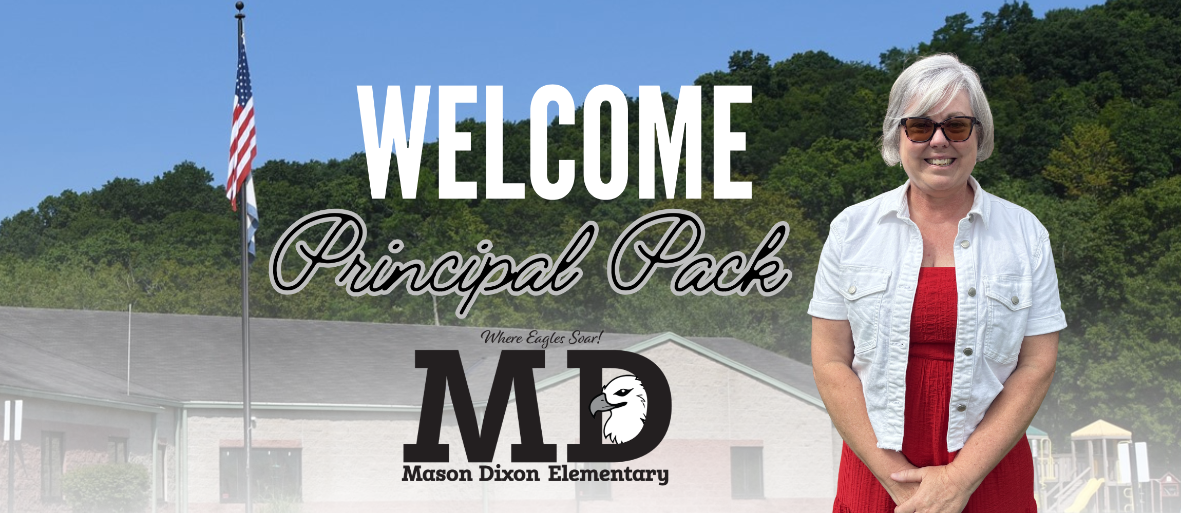Welcome Principal Pack - Mason Dixon Logo.  Principal Jamie Pack wearing red with a white jacket