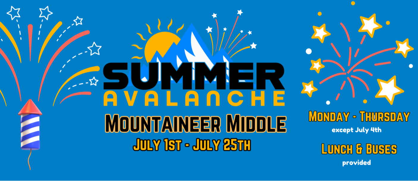 multi colored fireworks with blue background and summer avalanche logo