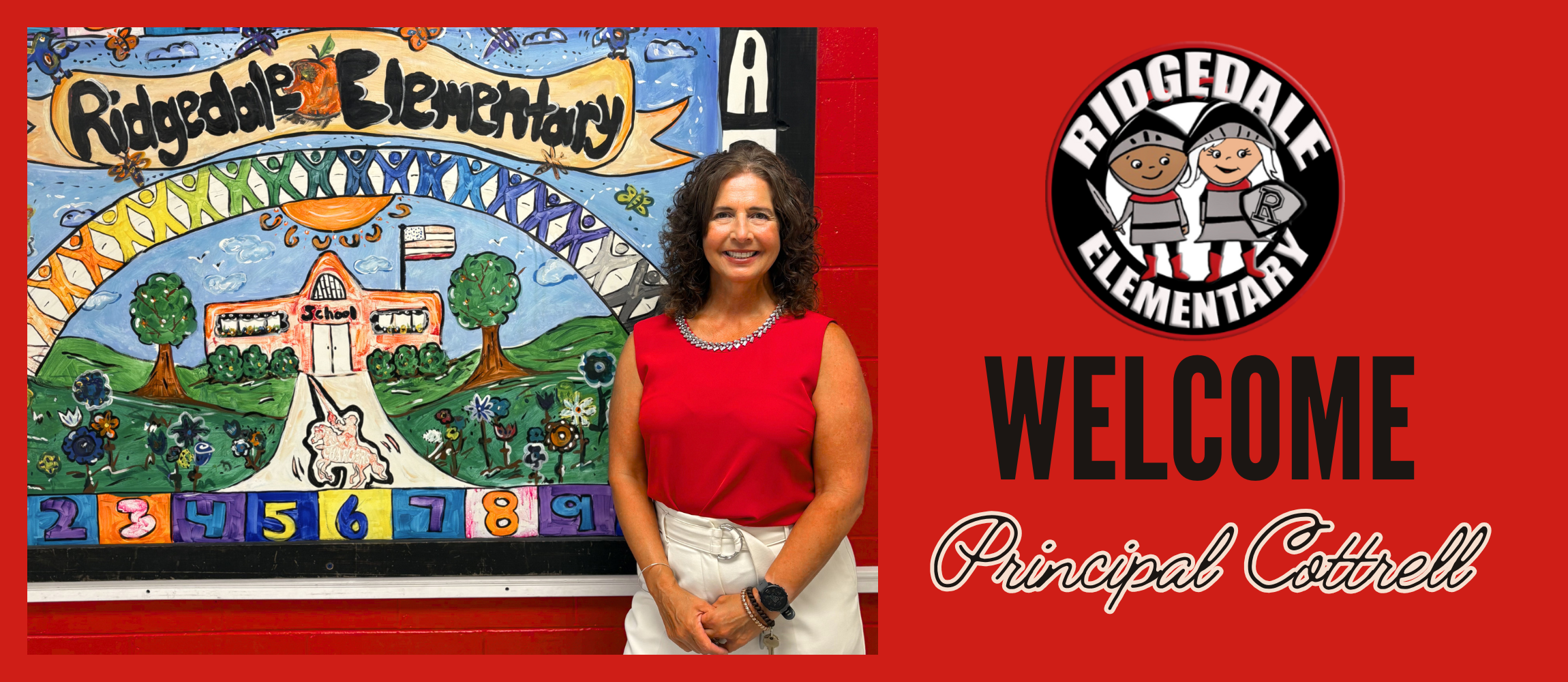 Principal Tracey Cottrell standing beside colorful art at Ridgedale Elementary.  Welcome Principal Cottrell 