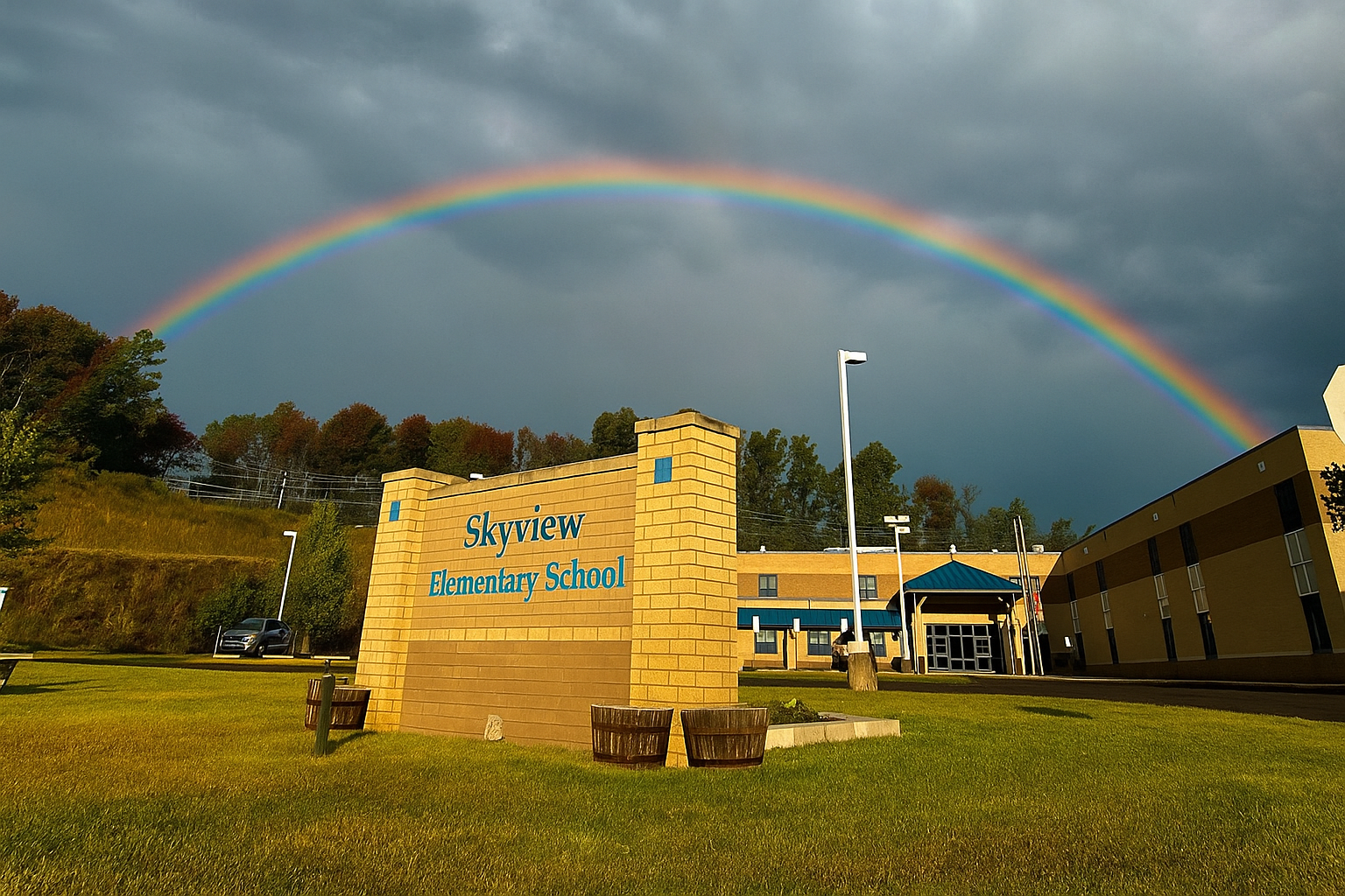 school with rainbow in the sky