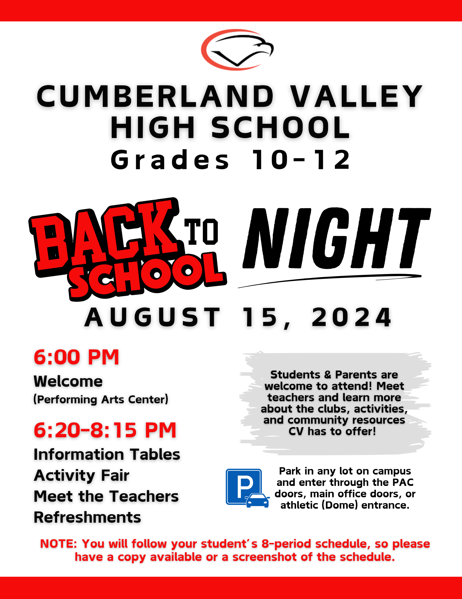 Flyer for Cumberland Valley High School grades 10 - 12 Back to School Night using varsity font listing Information Tables, Activity Fair, Meet the Teachers, Refreshments. Begins at 6 pm in Performing Arts Center