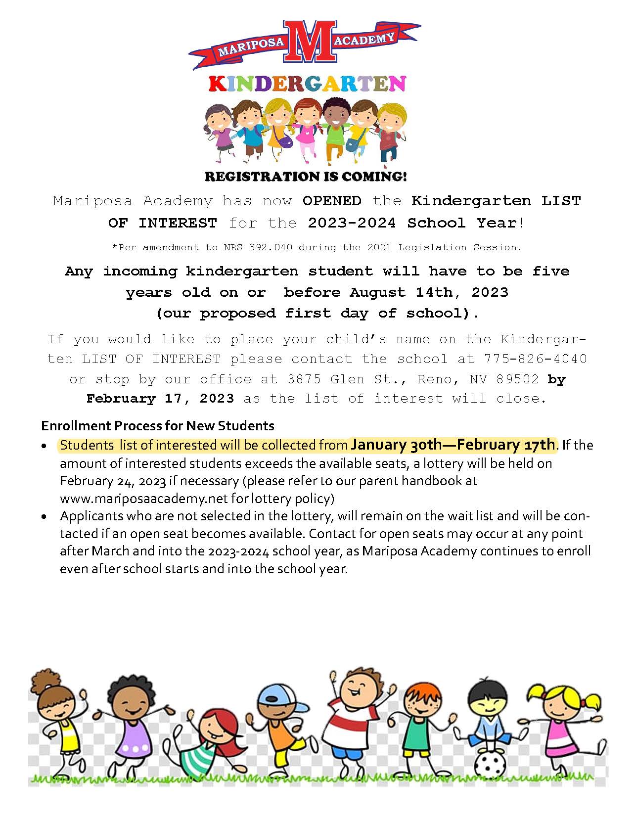 Kinder List of Interest opening Monday, January 30, 2023