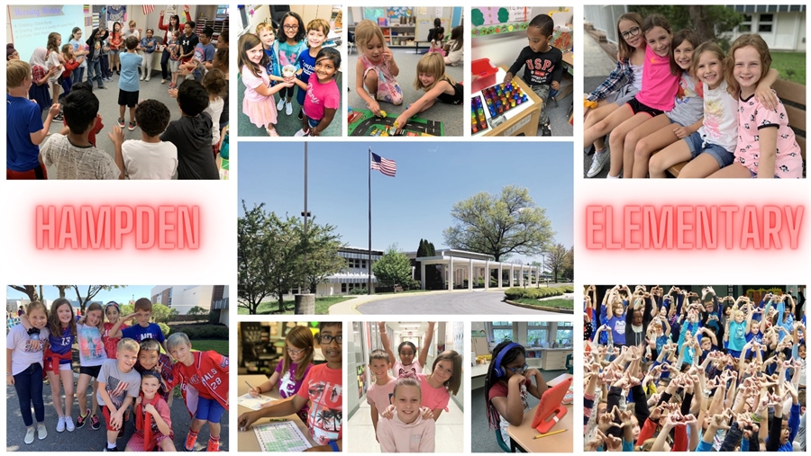 collage of pictures of kids at the elementary school, banner says HAMPDEN ELEMENTARY